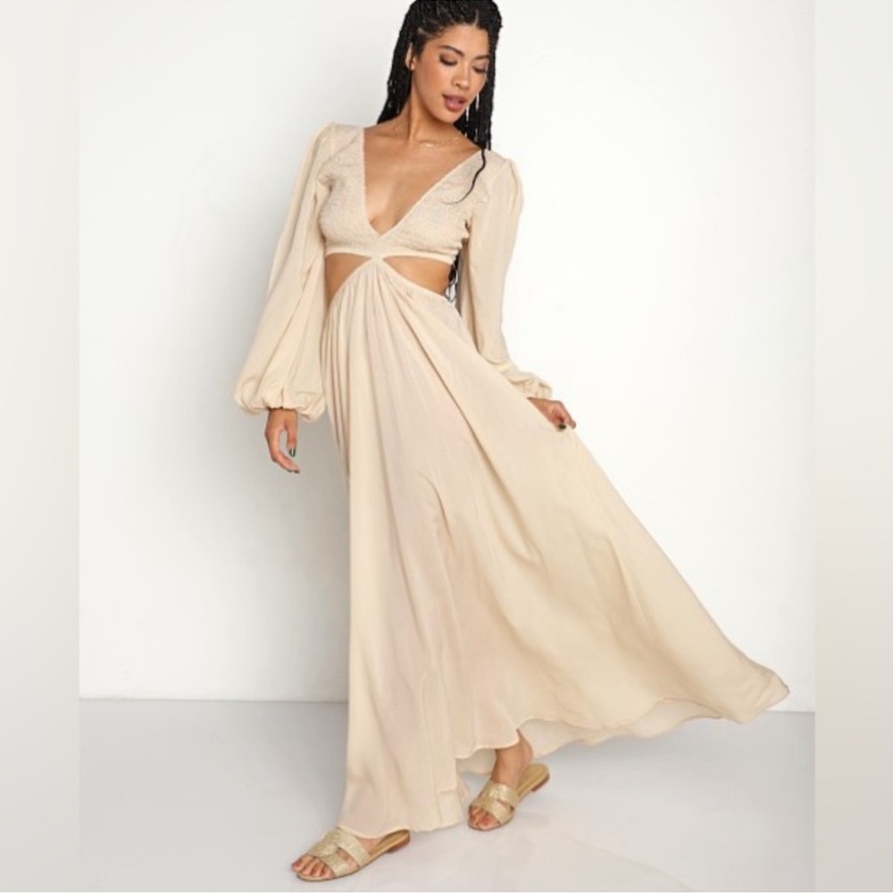 INDAH tan Julie Cutaway Long Sleeve Maxi